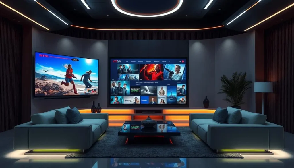 A futuristic living room with a large high-definition screen displaying vibrant IPTV content, sleek modern furniture, soft ambient lighting, and a cozy atmosphere, showcasing various streaming genres like movies, sports, and documentaries, with an emphasis on clarity and detail.