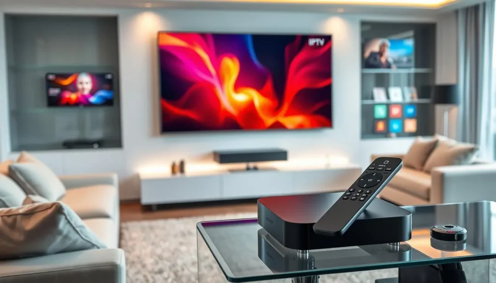 A modern living room with a large, sleek 4K television displaying vibrant streaming content, surrounded by plush furniture and ambient lighting, featuring a stylish IPTV device on a glass entertainment unit, showcasing a futuristic remote control and colorful app icons in the background.