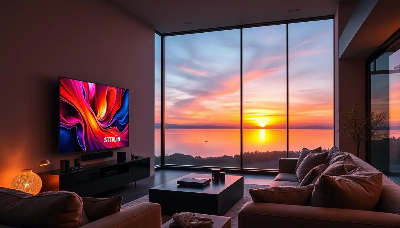 A sleek living room with a large, ultra-high-definition flat-screen TV displaying vibrant colors, a modern entertainment system with streaming devices, cozy seating with plush cushions, ambient lighting creating a warm atmosphere, and a scenic view through large windows showing a sunset outside.