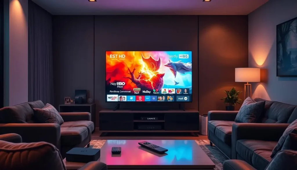 A sleek modern living room with a large flat-screen TV displaying vibrant HD content, surrounded by stylish furniture, soft lighting, and a cozy atmosphere. The scene includes a remote control on a table and various streaming devices subtly arranged nearby.