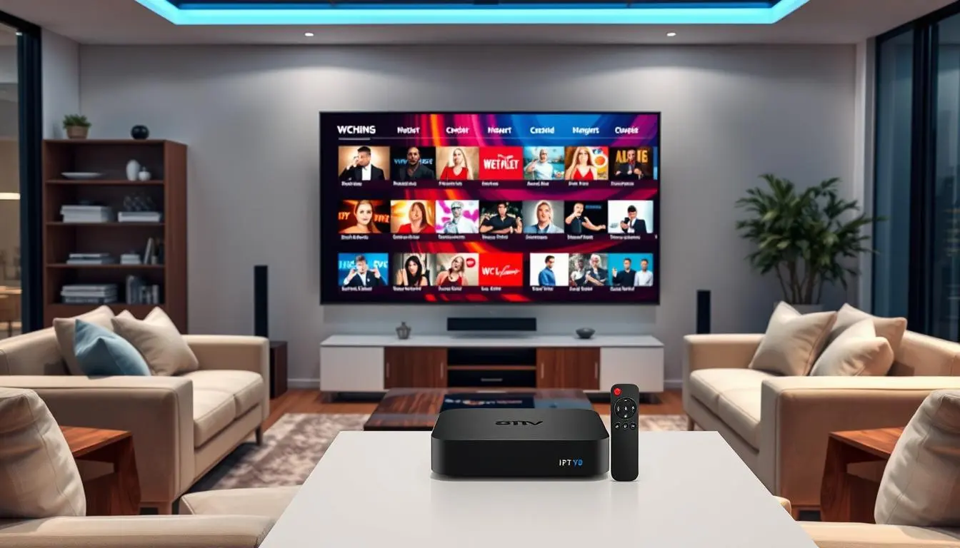 A sleek, modern living room with a large flat-screen TV displaying vibrant streaming content in high definition, surrounded by comfortable furniture and soft lighting, with an inviting atmosphere that showcases an advanced multimedia setup, including a stylish IPTV box and remote control, emphasizing technology and entertainment.