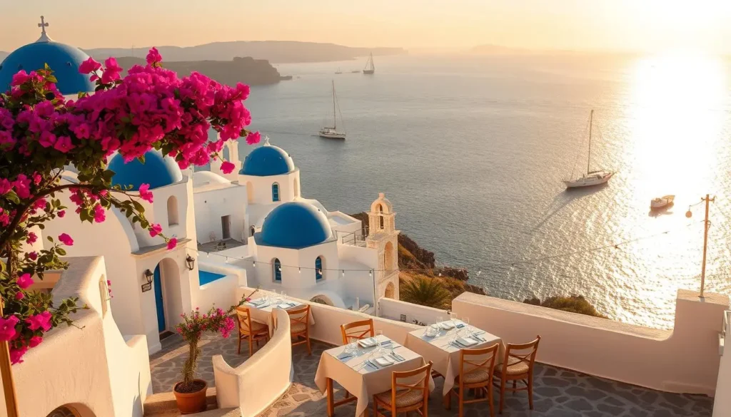 A picturesque Greek island with sun-drenched whitewashed buildings, vibrant blue domes, and blooming bougainvillea; a cozy outdoor café with tables set for a romantic dinner under twinkling fairy lights; the sparkling Aegean Sea in the background with boats gently bobbing; a warm sunset casting golden hues across the scene, evoking a sense of romance and serenity.