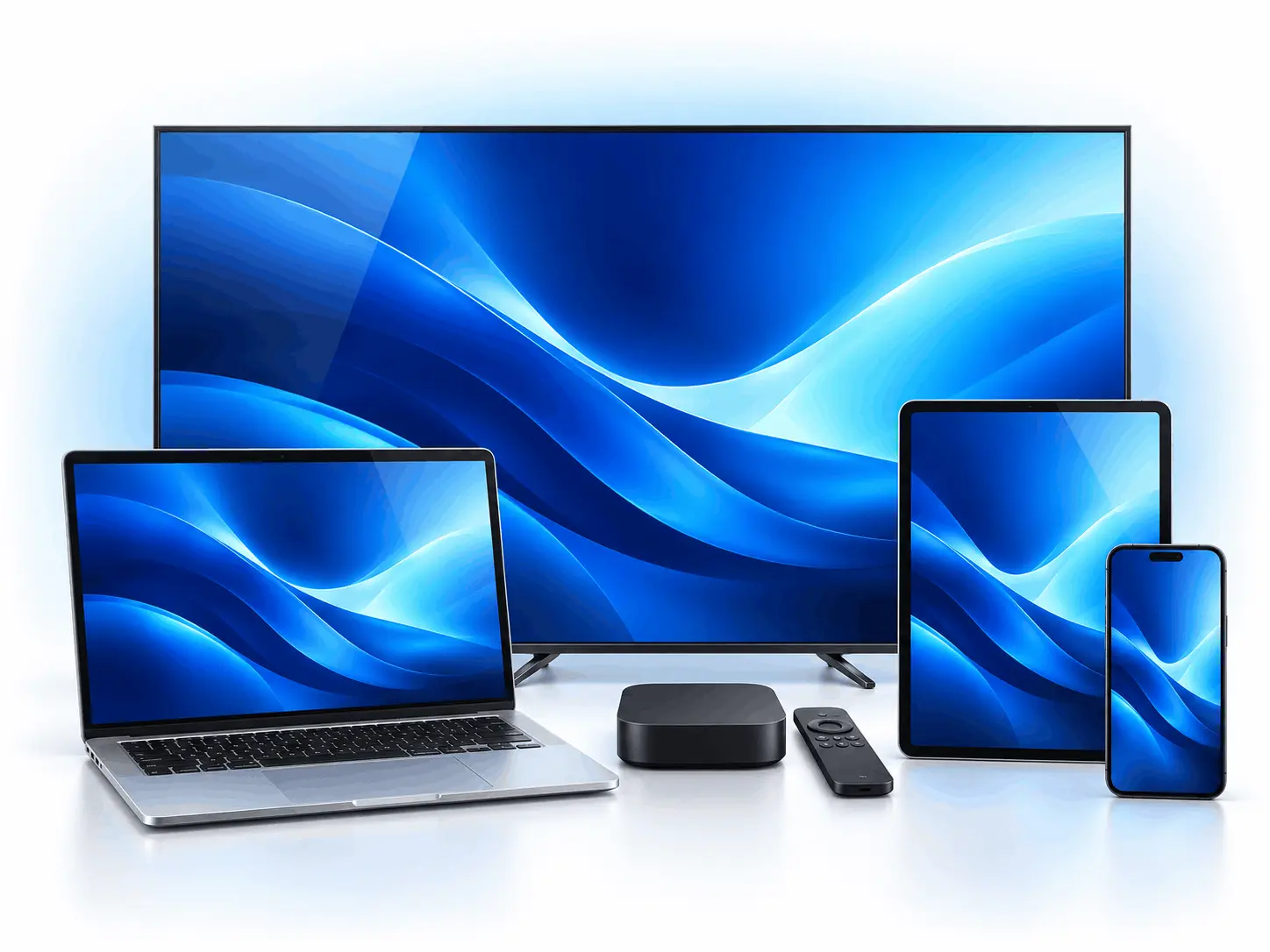 Smart TV, laptop, tablet, smartphone and streaming box with blue screens on a white background