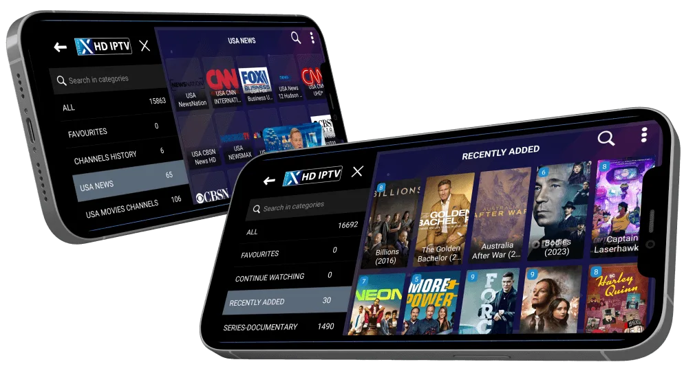 Two smartphones in landscape orientation showing IPTV channel categories and a series library on a white background.